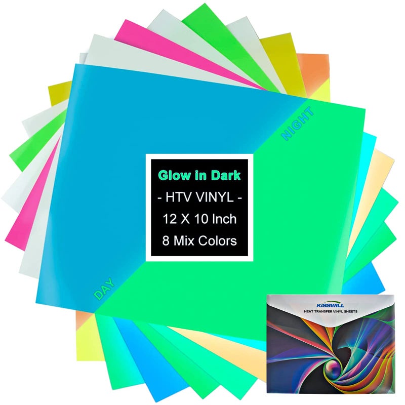 KISSWILL Glow in The Dark Heat Transfer Vinyl - 8 Pack 12" X 10" Assorted Colors Neon Iron on Vinyl That Improved The Backing Film with Stickiness for T-Shirts DIY Projects - Image 1